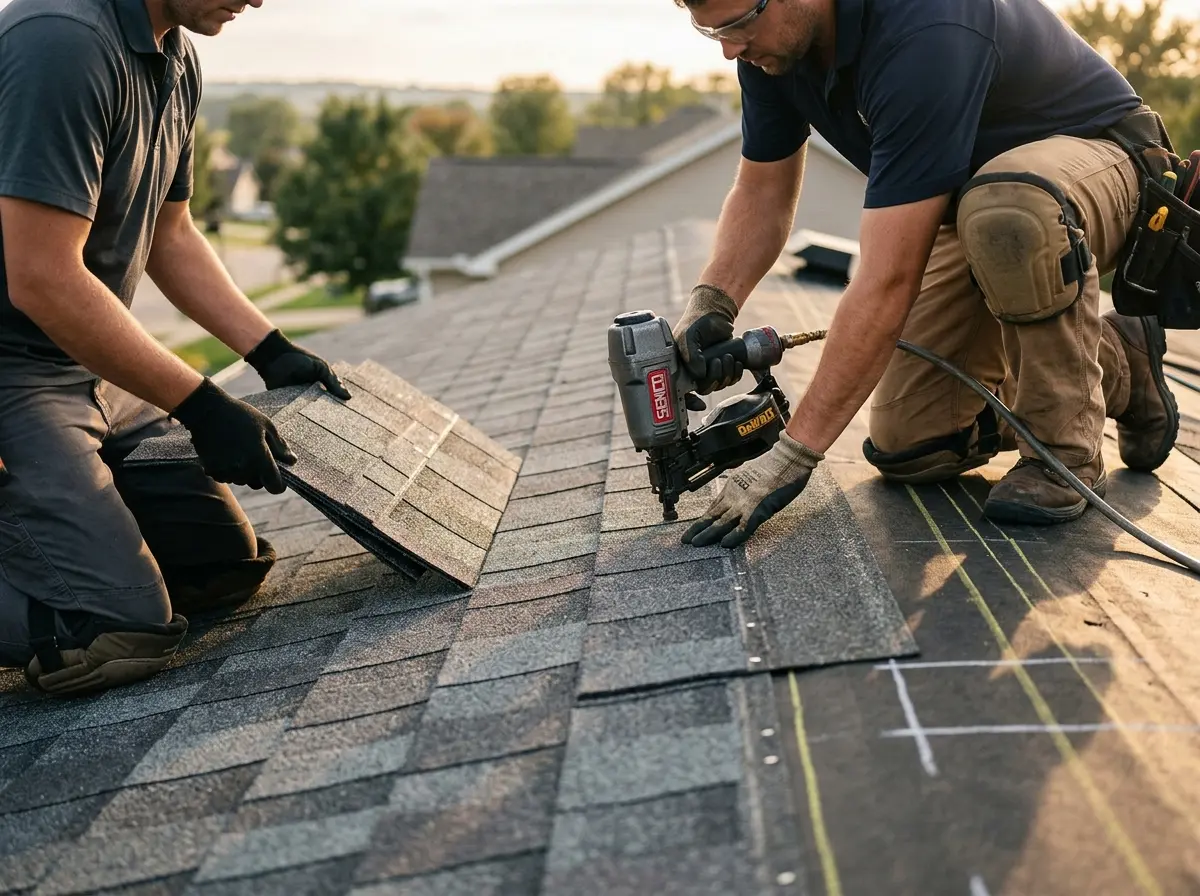 Professional roofer working on a residential roof in Londonderry